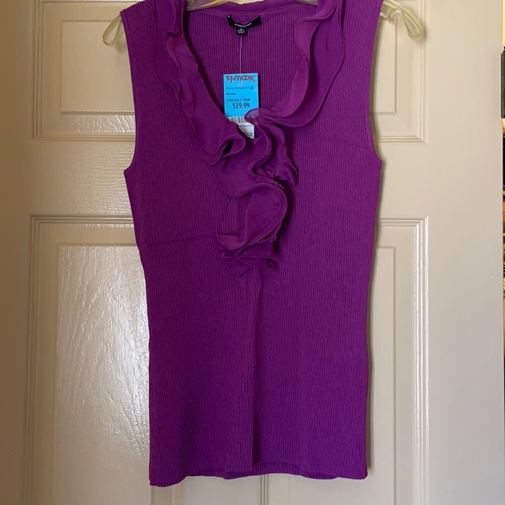 NWT plum sleeveless knit top with front ruffle